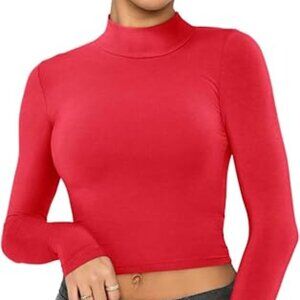 REORIA Women's Red Mock Turtleneck Long Sleeve Ribbed Tight Crop Top Small